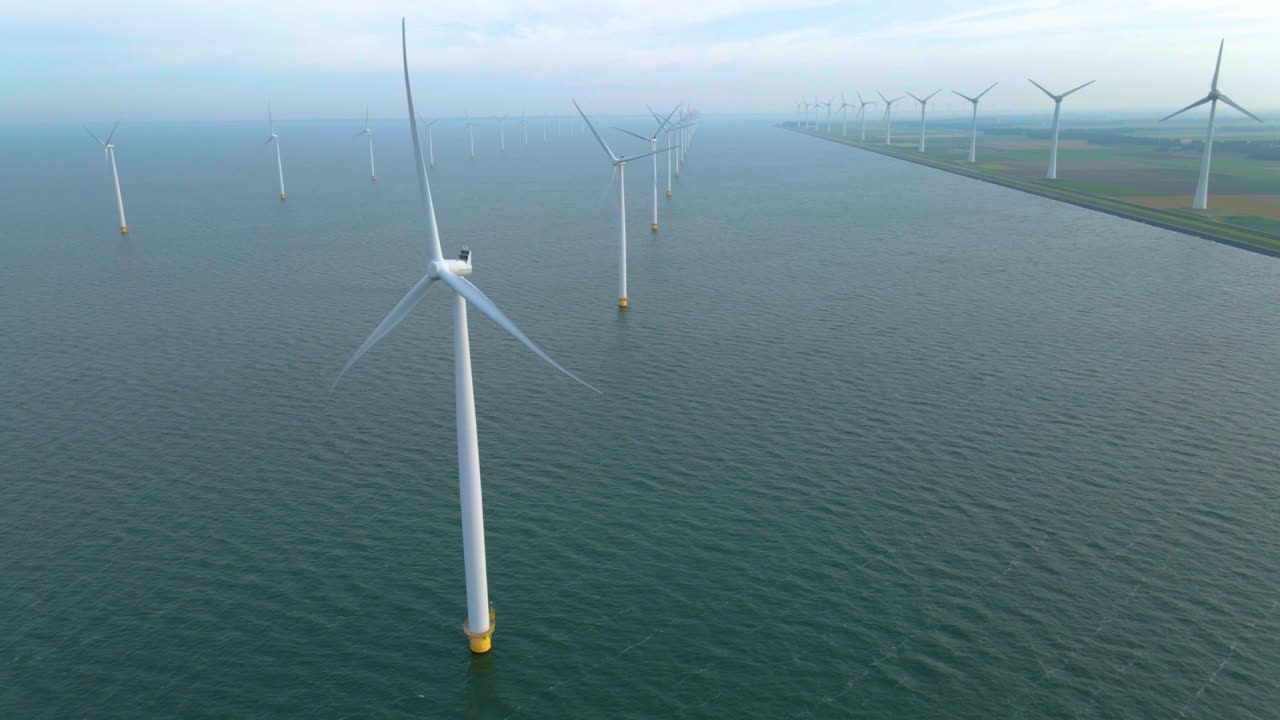 거대한 풍차 터빈, 바다에 있는 해상 풍차 농장, 웨스터메어 풍차 공원, 아름다운 밝은 날에 바다에서 고립된 풍차, 네덜란드, 플레볼랜드, 노르도오스트폴더