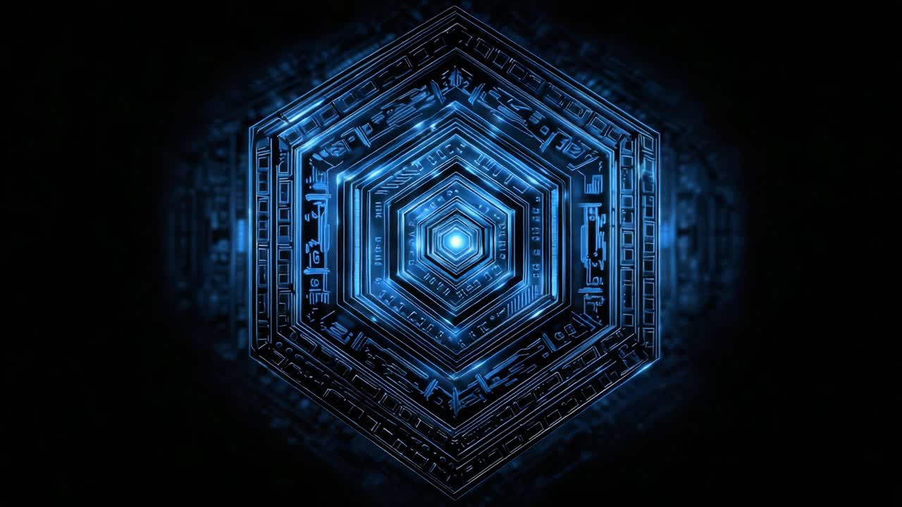 An intricate, glowing hexagonal structure radiates from a bright center, showcasing an elaborate network of circuits and patterns, creating an otherworldly, technological aesthetic