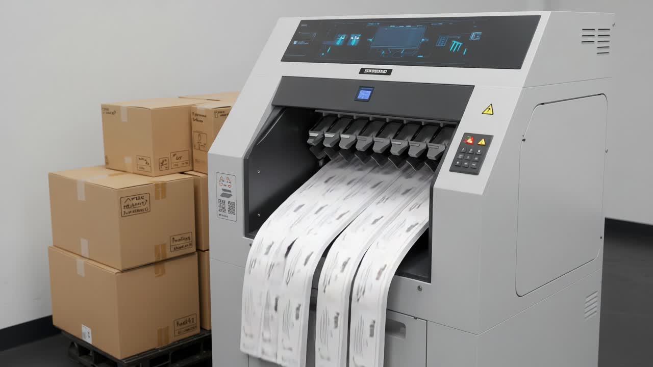 Automated Document Processing Machine in Action: A Comprehensive View of the Efficient Sorting and Handling of Paperwork Alongside Packed Boxes