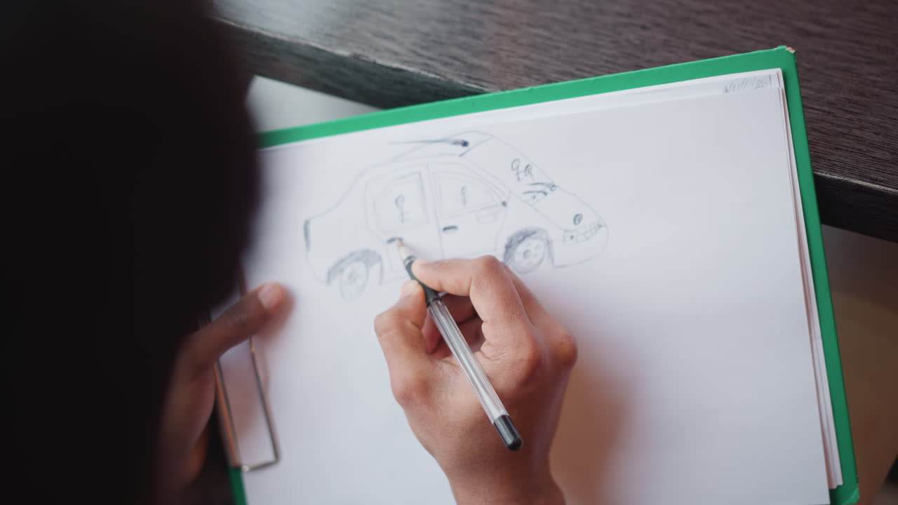 Immigrant using black pen to sketch car on white paper held by green clipboard, showing interior seats and wheels with focus on creative process, design accuracy, personal concentration and imagination