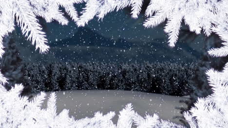 animación de nieve cayendo y ramas de árboles sobre el paisaje de invierno