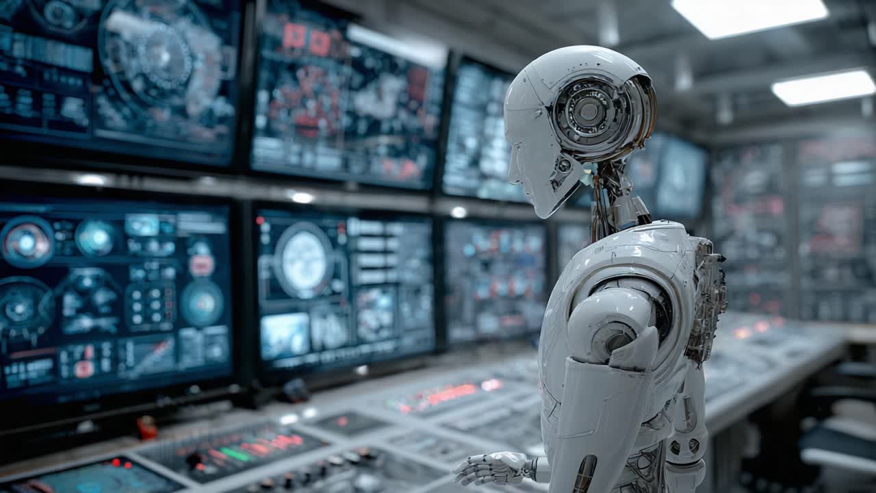 An advanced robotic figure stares intently from a futuristic control room, surrounded by multiple high-tech screens displaying intricate data and information