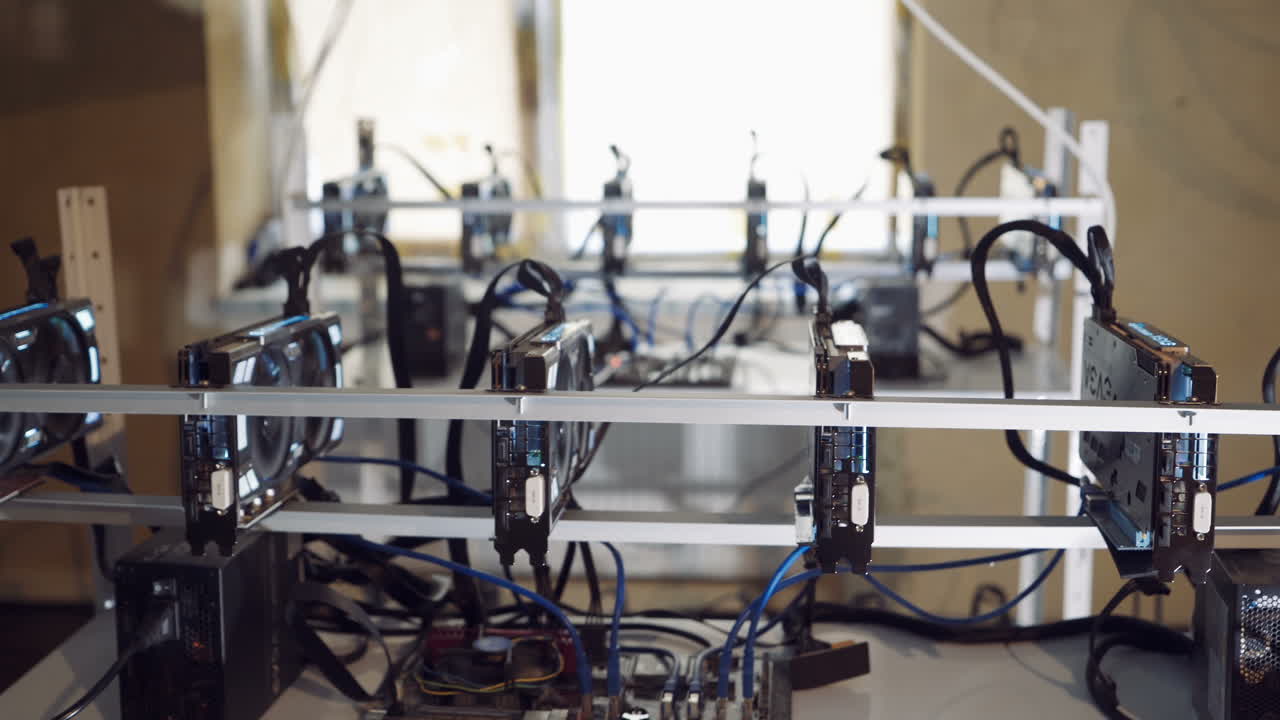 Bitcoin mining farm. Man checks the temperature of the graphics cards on the computer.
