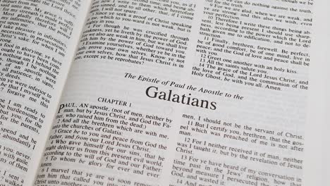 close up shot of bible page turning to the book of galatians