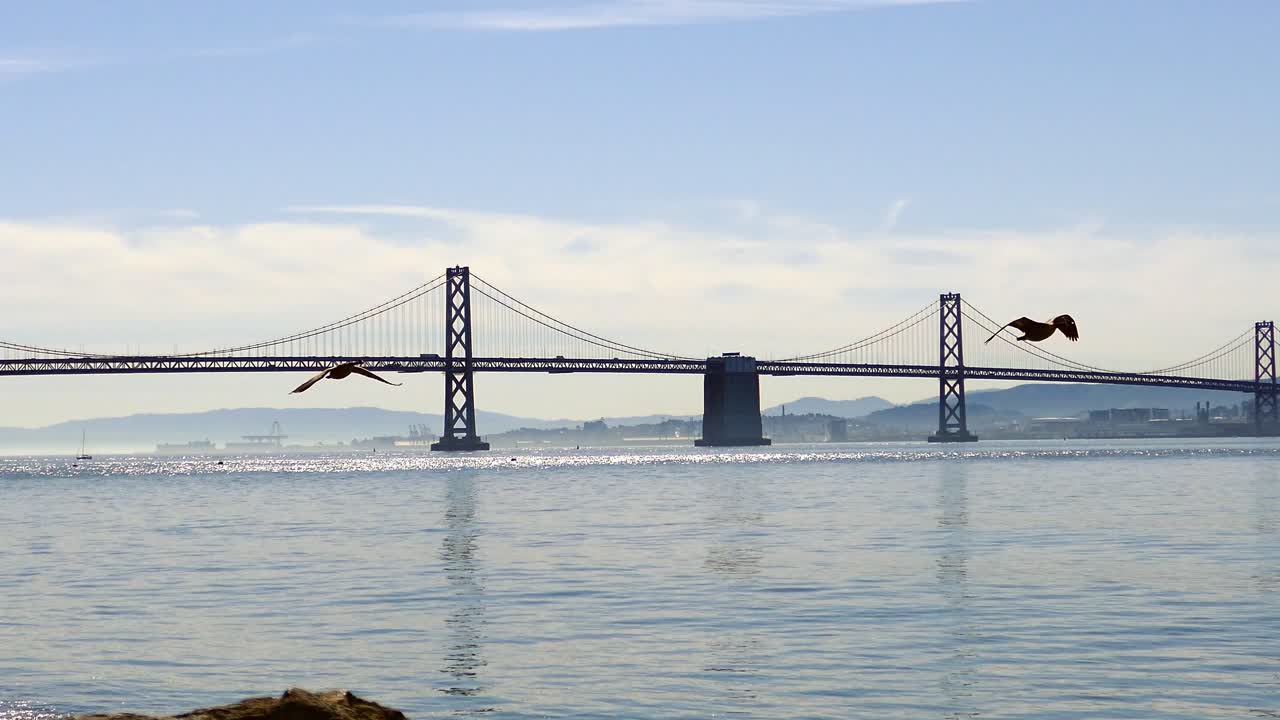dolly shot pulling back from the bay bridge showing the bay area on a winter's sunny day. water glistening in the sun