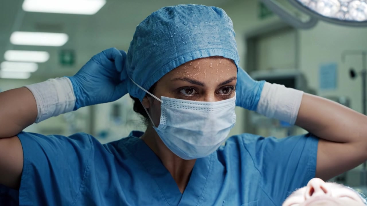 Professionista medico concentrato in divisa e mascherina che si prepara per un intervento chirurgico in sala operatoria ospedaliera con attrezzature e illuminazione brillante.