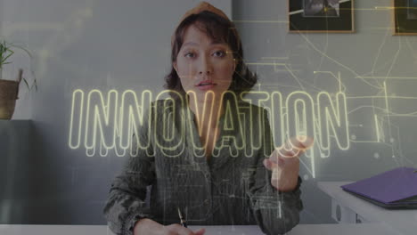 sitting at desk, woman with innovation text animation overlay, working on project