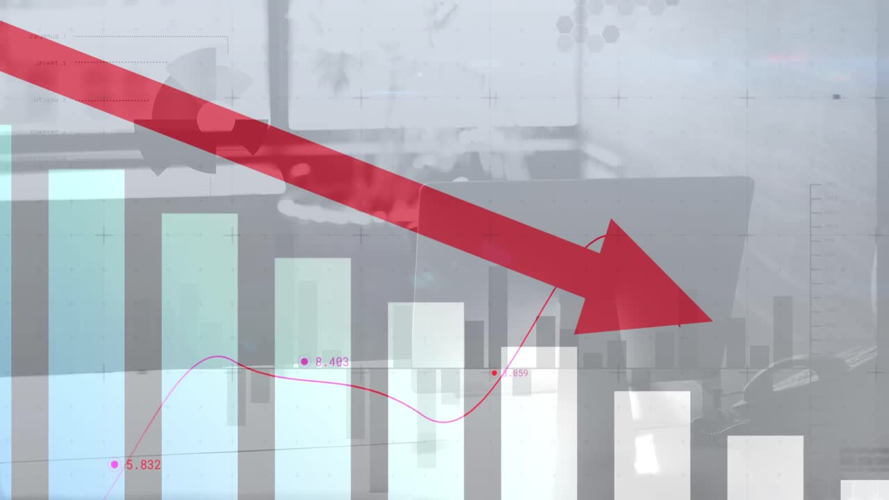 Animation of financial data processing with graph over empty office