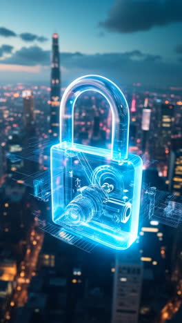 glowing digital padlock floating over a futuristic cityscape at night