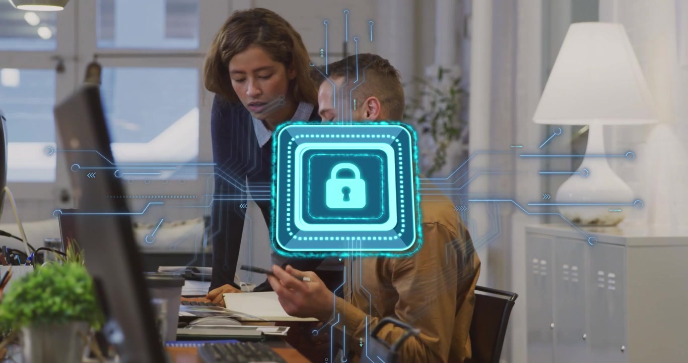Standing woman approaching and pointing, initiating document review with lock showing tech security