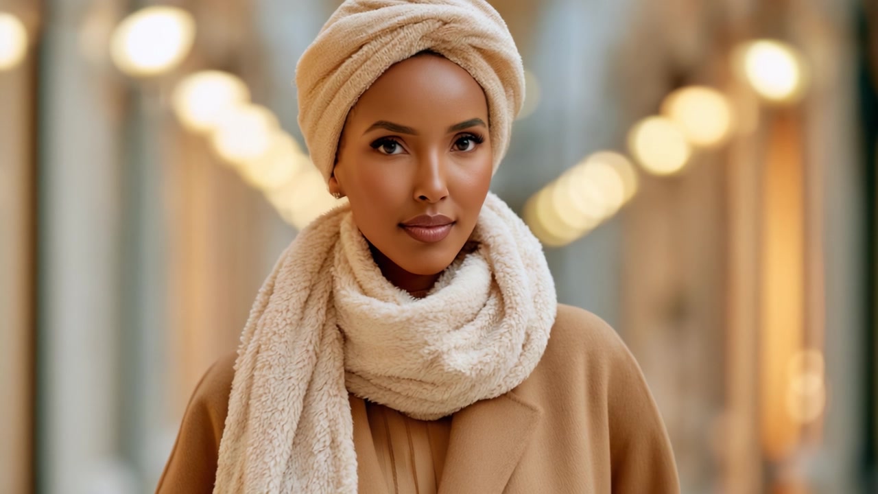 Donna Elegante con Sciarpa Accogliente e Foulard, che Irradia Sicurezza e Grazia in un Contesto Urbano Illuminato Delicatamente