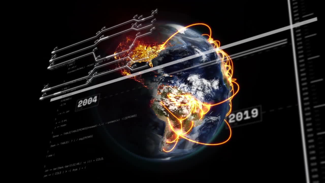 Animation of digital data processing over globe on black background