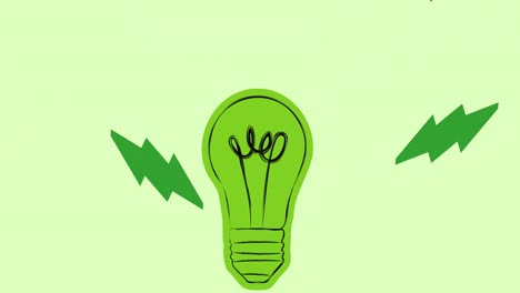 Animation-of-green-light-bulb-and-electricity-bolts-on-pale-green-background