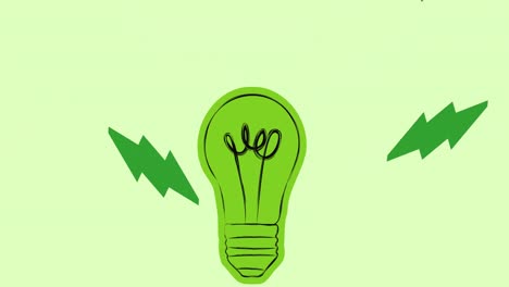 animation of green light bulb and electricity bolts on pale green background