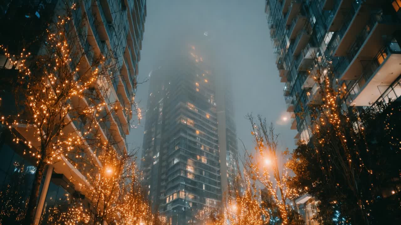 A Foggy Night in the City Surrounded by Twinkling Lights and Tall Buildings, Creating an Enchanting Urban Atmosphere Full of Mystery and Beauty