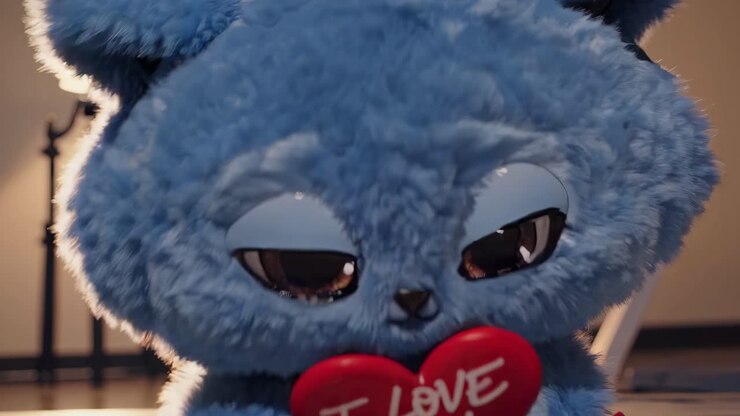 Fluffy blue character expressing heartwarming emotions while holding red heart with loving message, changing facial expressions against white background