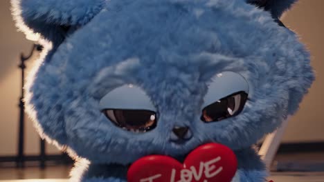 personaje azul esponjoso que expresa emociones conmovedoras mientras sostiene un corazón rojo con un mensaje amoroso, cambiando las expresiones faciales contra un fondo blanco