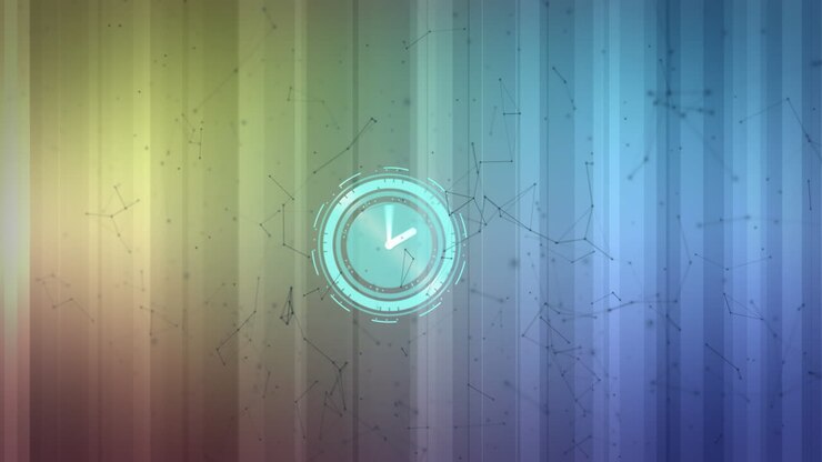 Animazione di orologio, con rete di connessioni, su raggi di luce blu e gialli luminosi