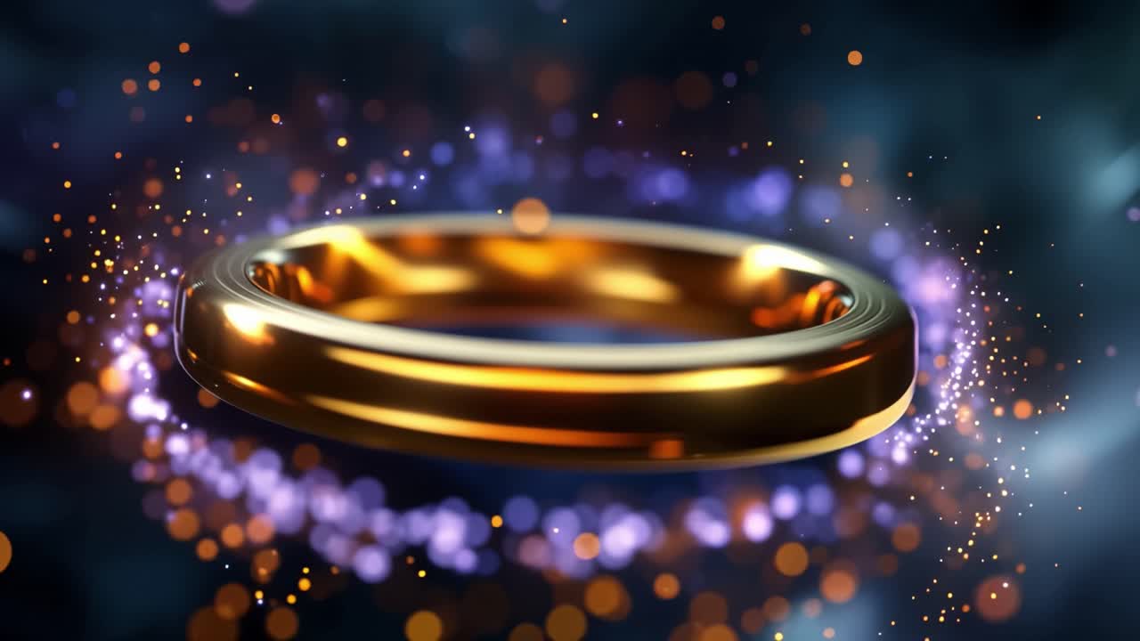 Guldring lyser med magiska partiklar. Skimrande gnistor omger ringen. Flimrande ljus driver i kosmiskt rymd. Idealisk för lyx-, fantasy- eller bröllopsteman. Inga människor, inga djur