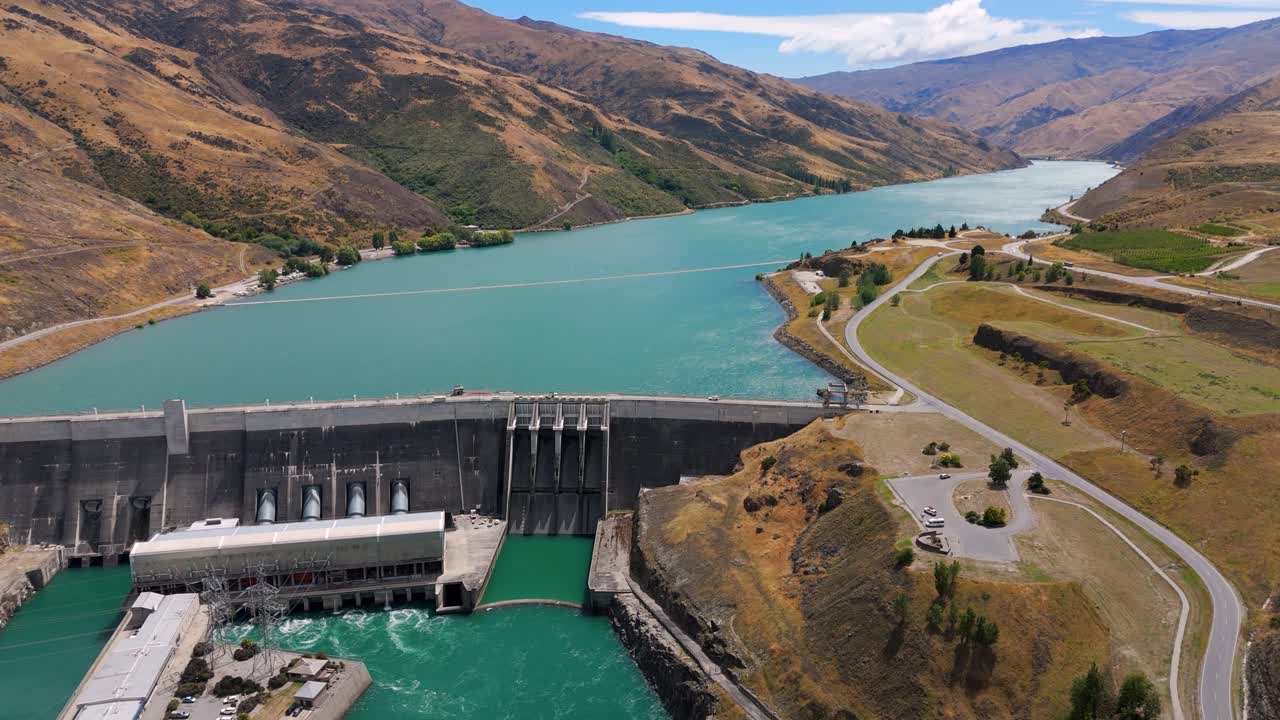 Panoramic aerial view of the Clyde Dam, New Zealand's second largest hydroelectric dam