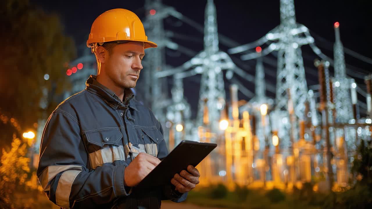 En arbejder med hat overvåger elektrisk udstyr med en tablet om natten, omgivet af tårnhøje elledninger og oplyst infrastruktur
