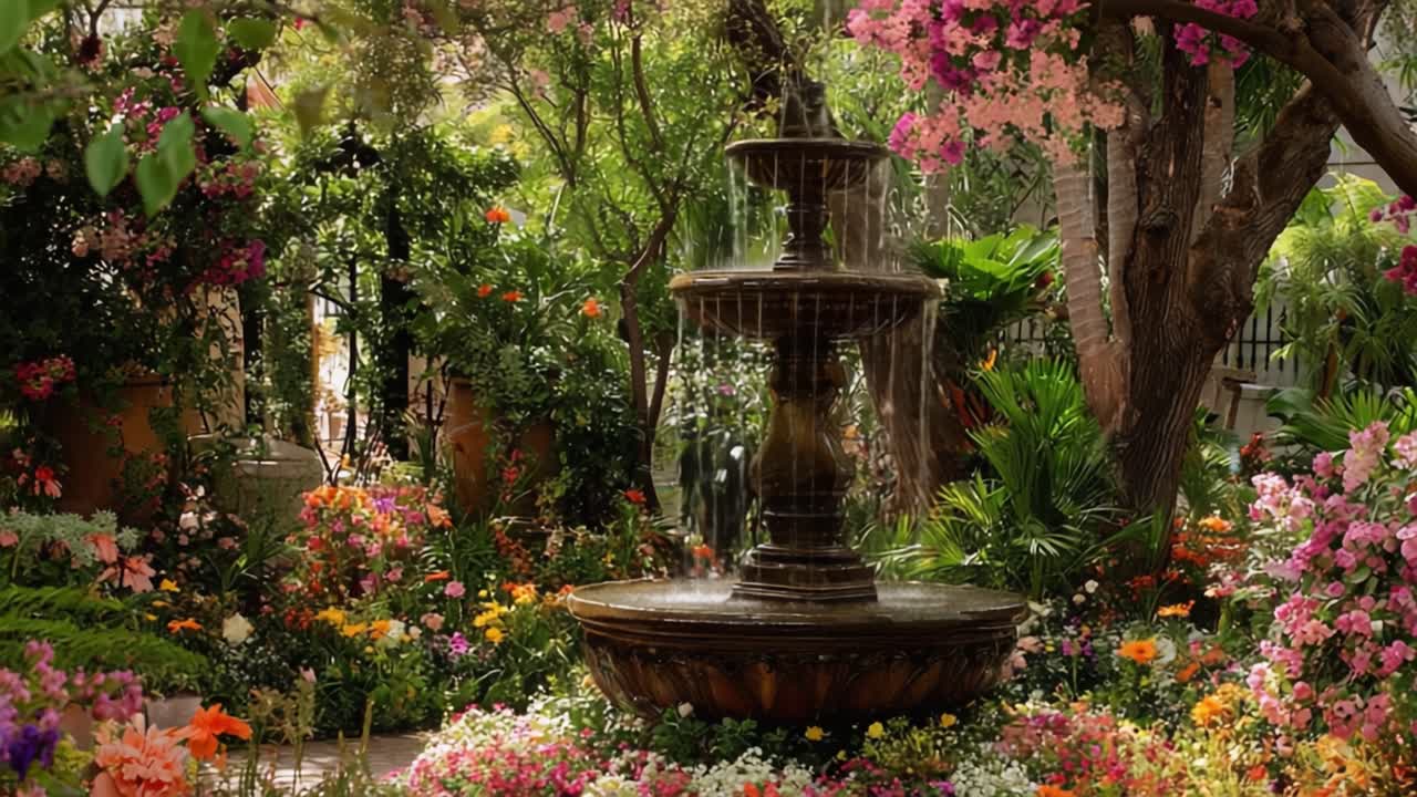 静寂のオアシス：雄大な噴水を特徴とし、豊かな花々と鮮やかな緑に囲まれた美しくデザインされた庭園。リラックスと静けさに最適