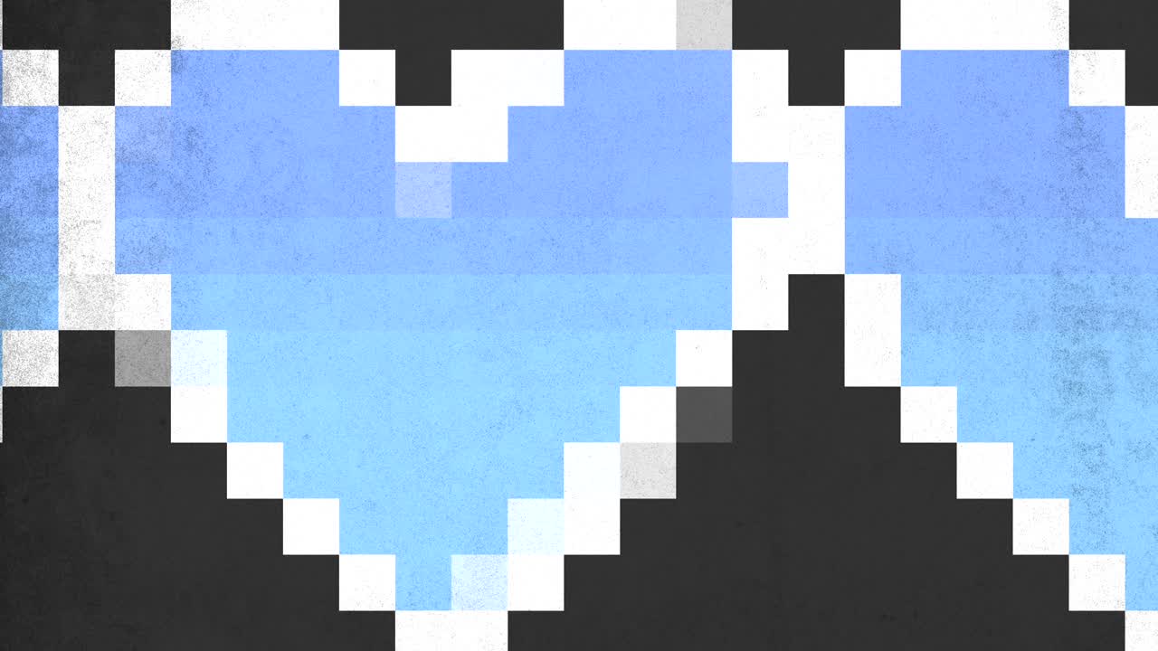 Two pixelated blue hearts, set against a black background, are intricately formed from small, varying shades of blue squares, creating a unique and artistic design