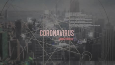 animation of coronavirus conspiracy text over cityscape