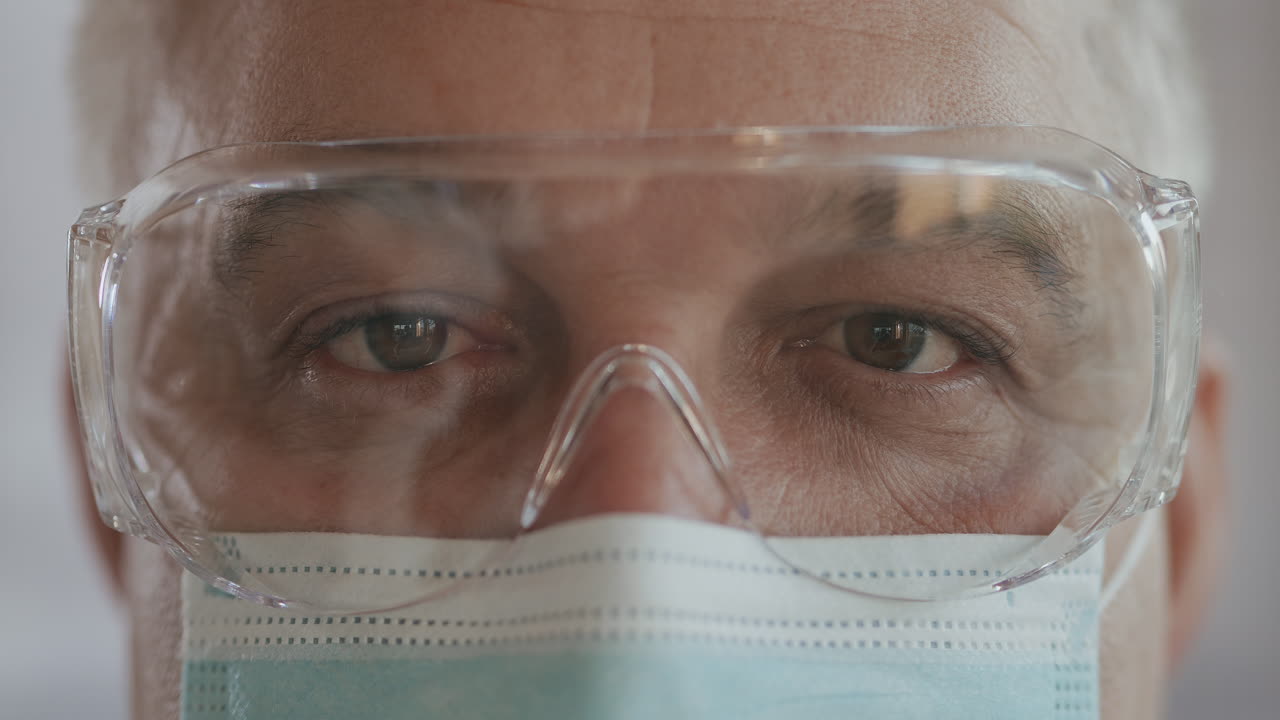Portrait of confident doctor man face close-up. eyes with safety glasses and protective mask. Research Laboratory Officer. 2019 Novel Coronavirus 2019-nCoV pandemic isolation concept. High quality 4k footage