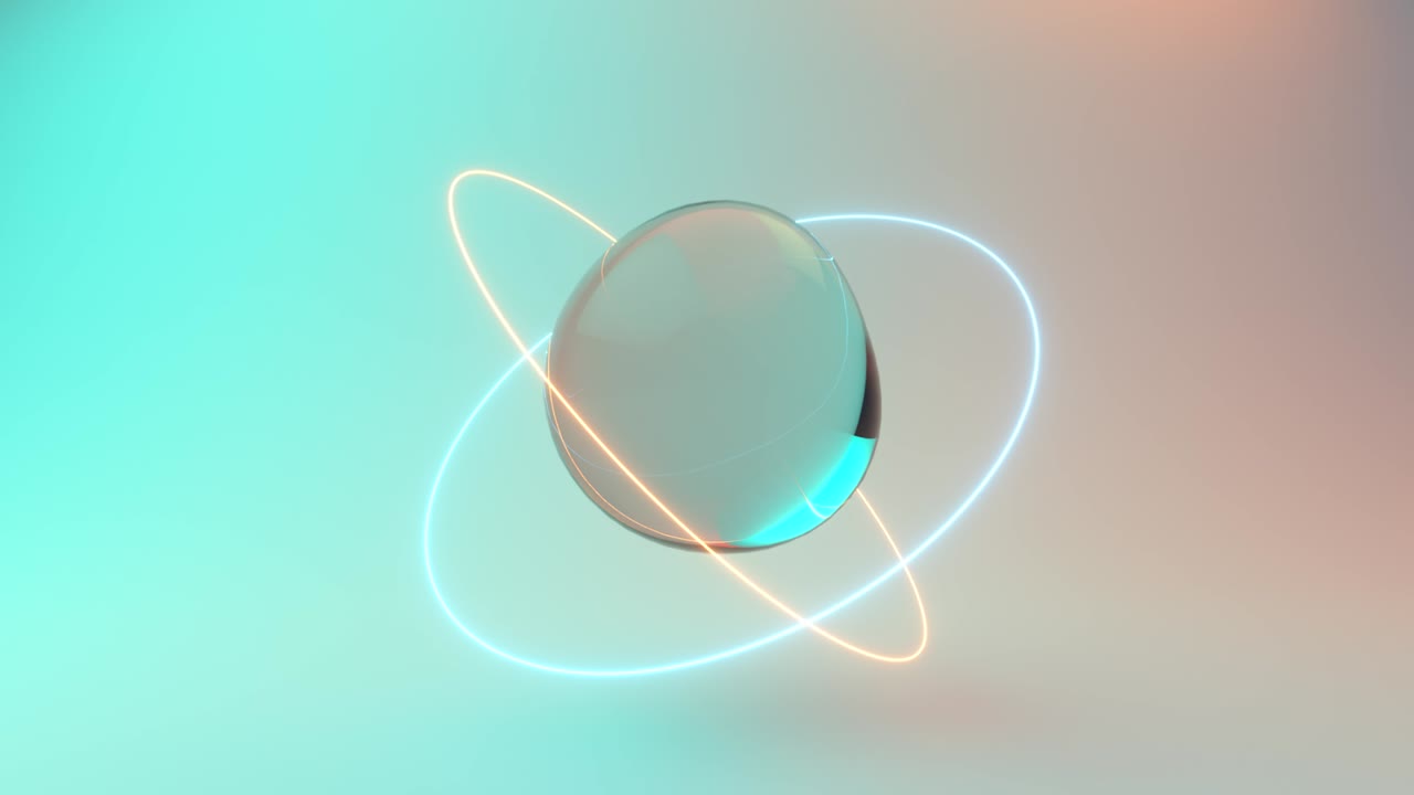 Abstract background with morphing water spheres illuminated by neon rings. 3d animation of seamless loop