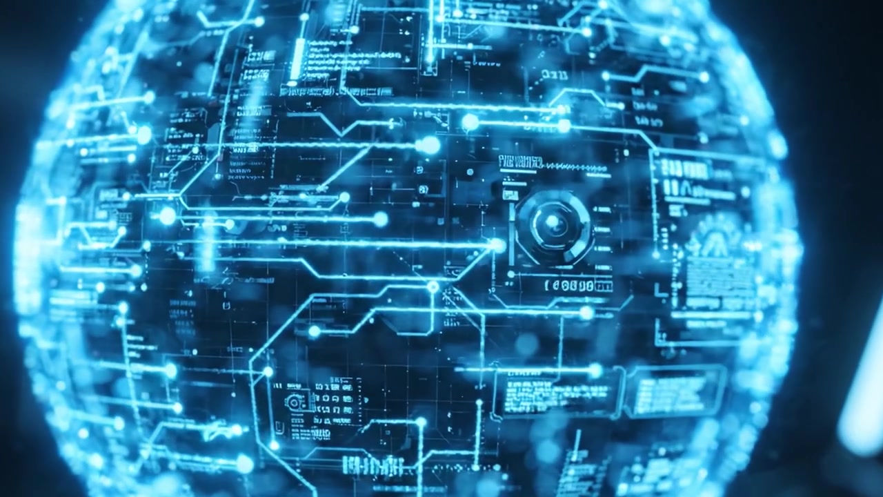 An intricate, glowing blue holographic sphere pulsates with data, showcasing a complex network of digital information in a futuristic technological environment.