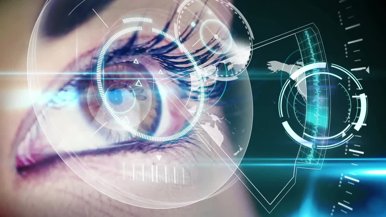 Animation of digital interface and clock over woman's eyes