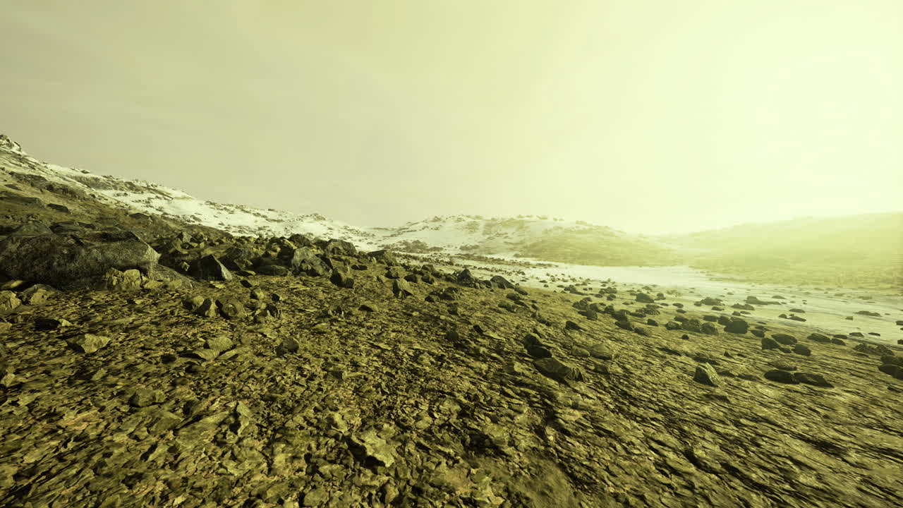 Mysterious landscape of an alien world with rugged terrain and yellow sky