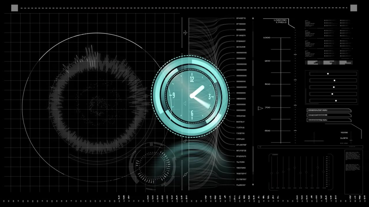 Interfaccia orologio digitale con HUD di visualizzazione dati futuristica