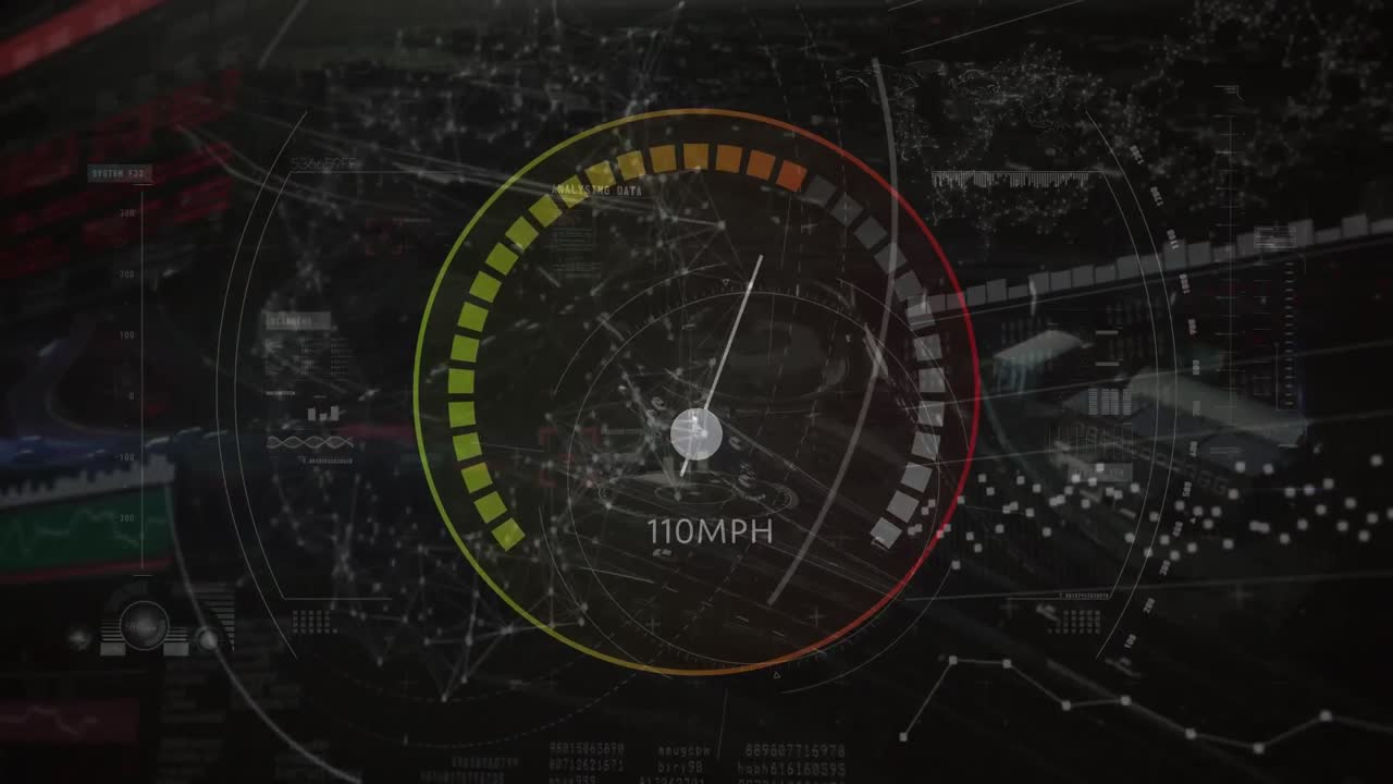 animación del escaneo de alcance y la red de conexiones sobre el paisaje urbano