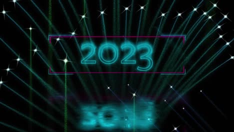 Animation-of-2023-text-over-fireworks-on-black-background