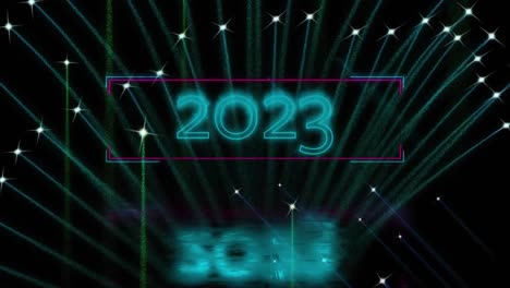 animation of 2023 text over fireworks on black background