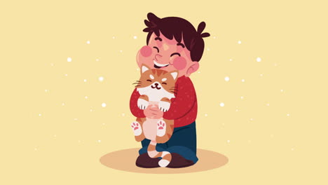 boy with little cat mascot animation