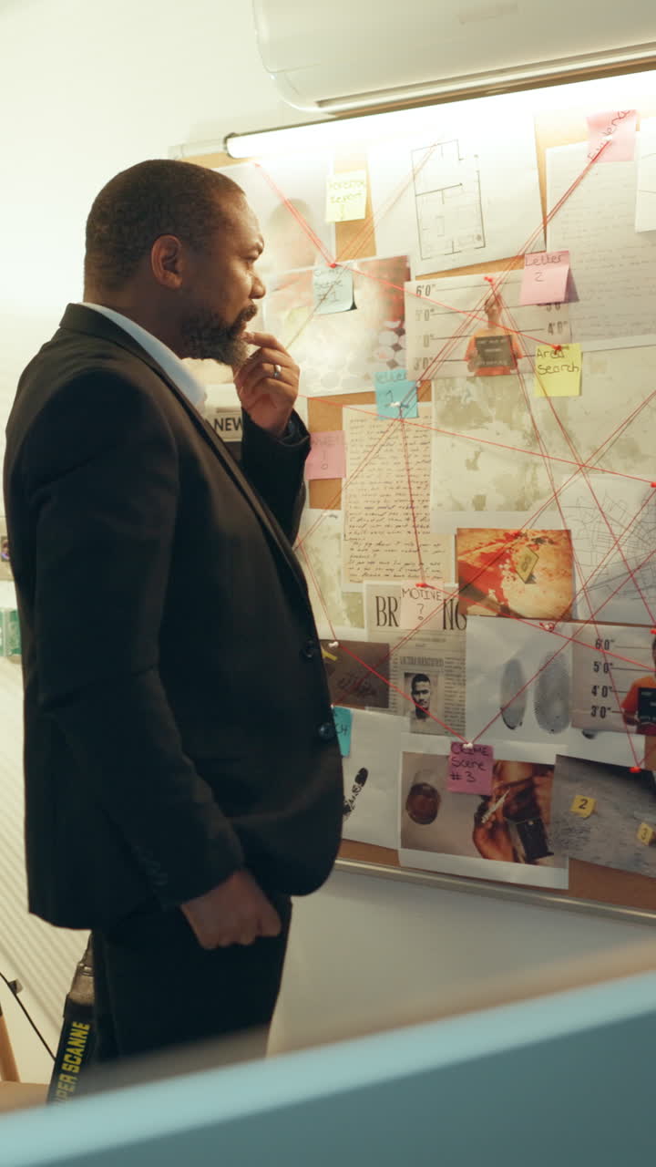 Frustrated Detective Analyzing Evidence on a Corkboard