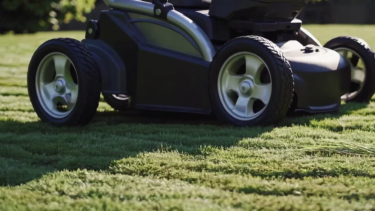 Low-angle video shot of a modern lawnmower on freshly cut grass, highlighting its sleek design