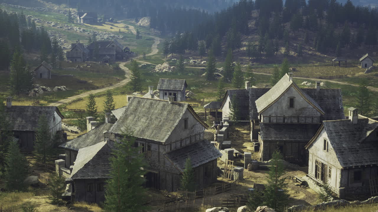 Quiet village landscape with rustic houses and natural surroundings in daylight