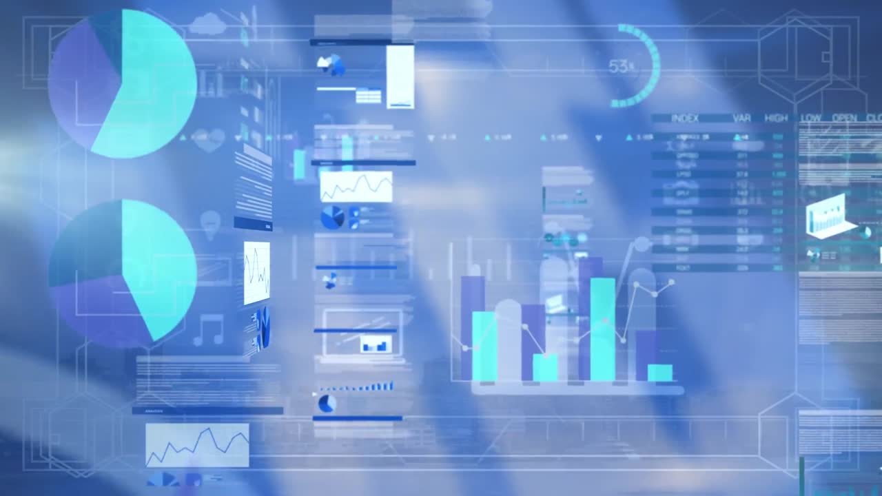 animación de la barra de carga sobre pantallas con procesamiento de datos estadísticos contra un fondo azul.