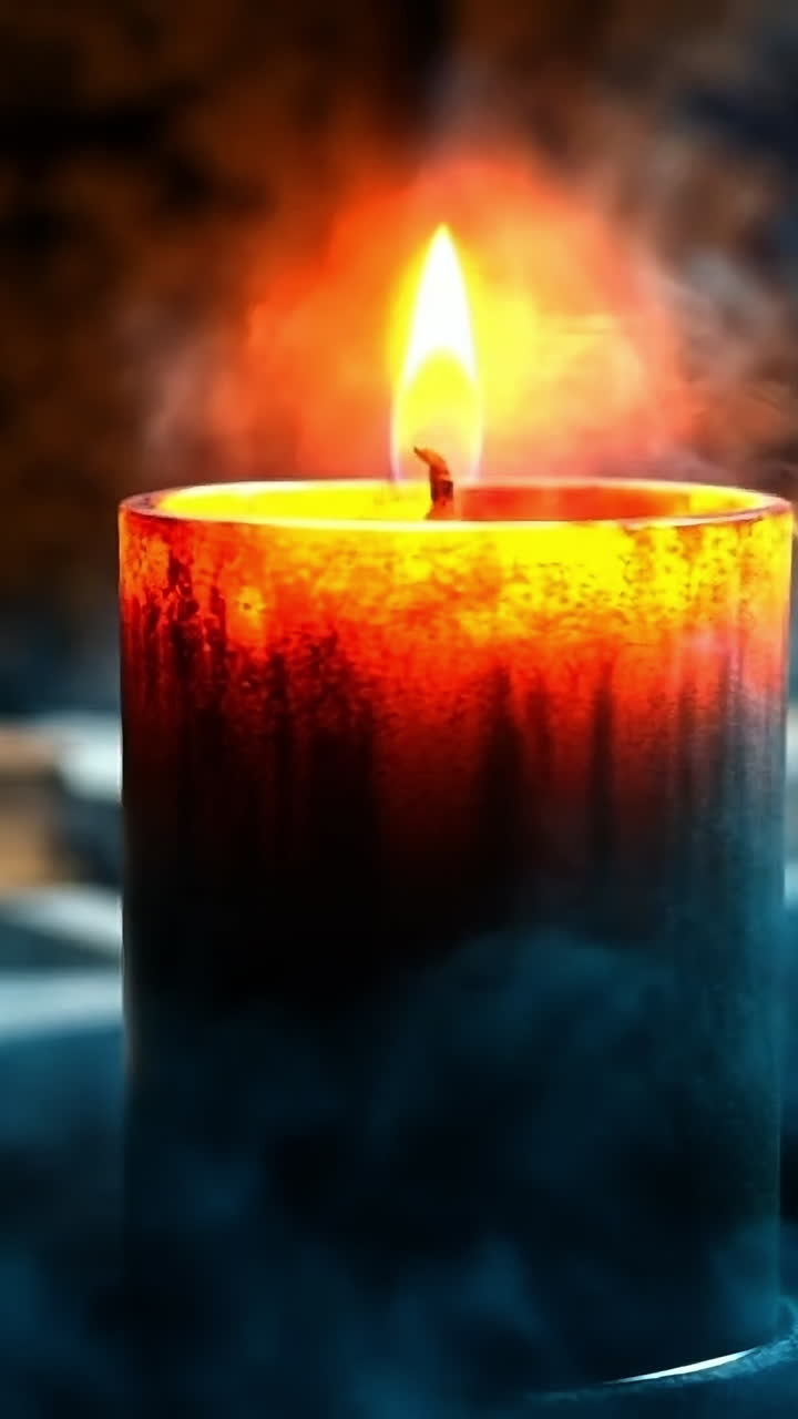 Candle glowing in a dark room with smoke. A candle flickers with a warm light as smoke swirls around, creating a cozy ambiance in the dimly lit space.