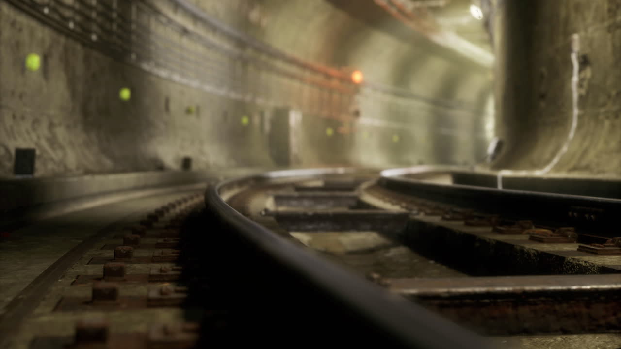 View of underground rail tracks in a dimly lit tunnel with a sense of stillness