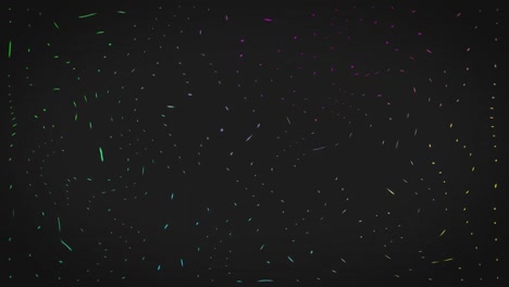 animation of brights spots and lines of colourful light moving rapidly on black background