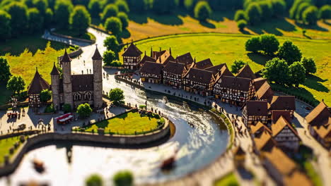 miniature village with river and boats in tilt-shift