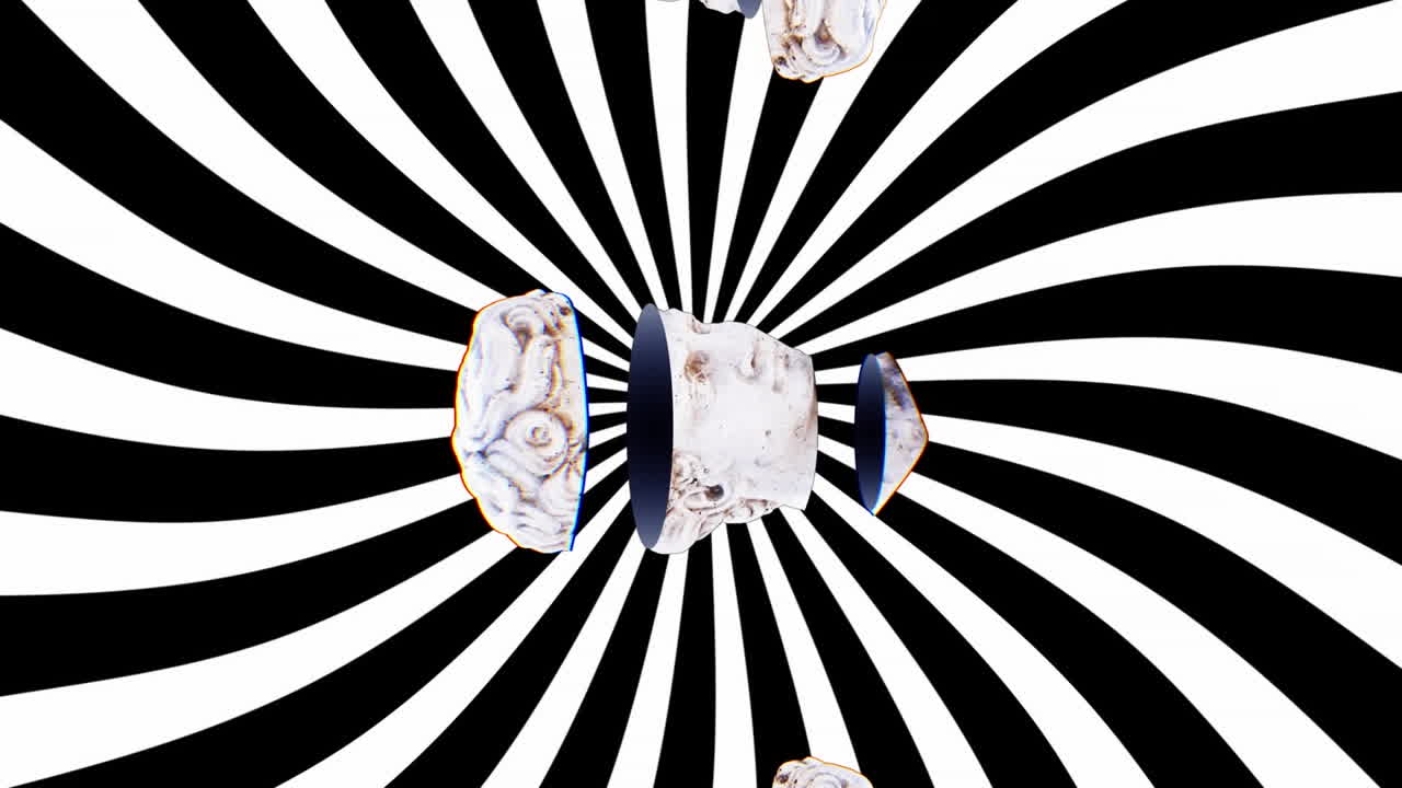 검은색과 색의 줄무가 회전하는 고대 잘라진 머리 조각의 애니메이션