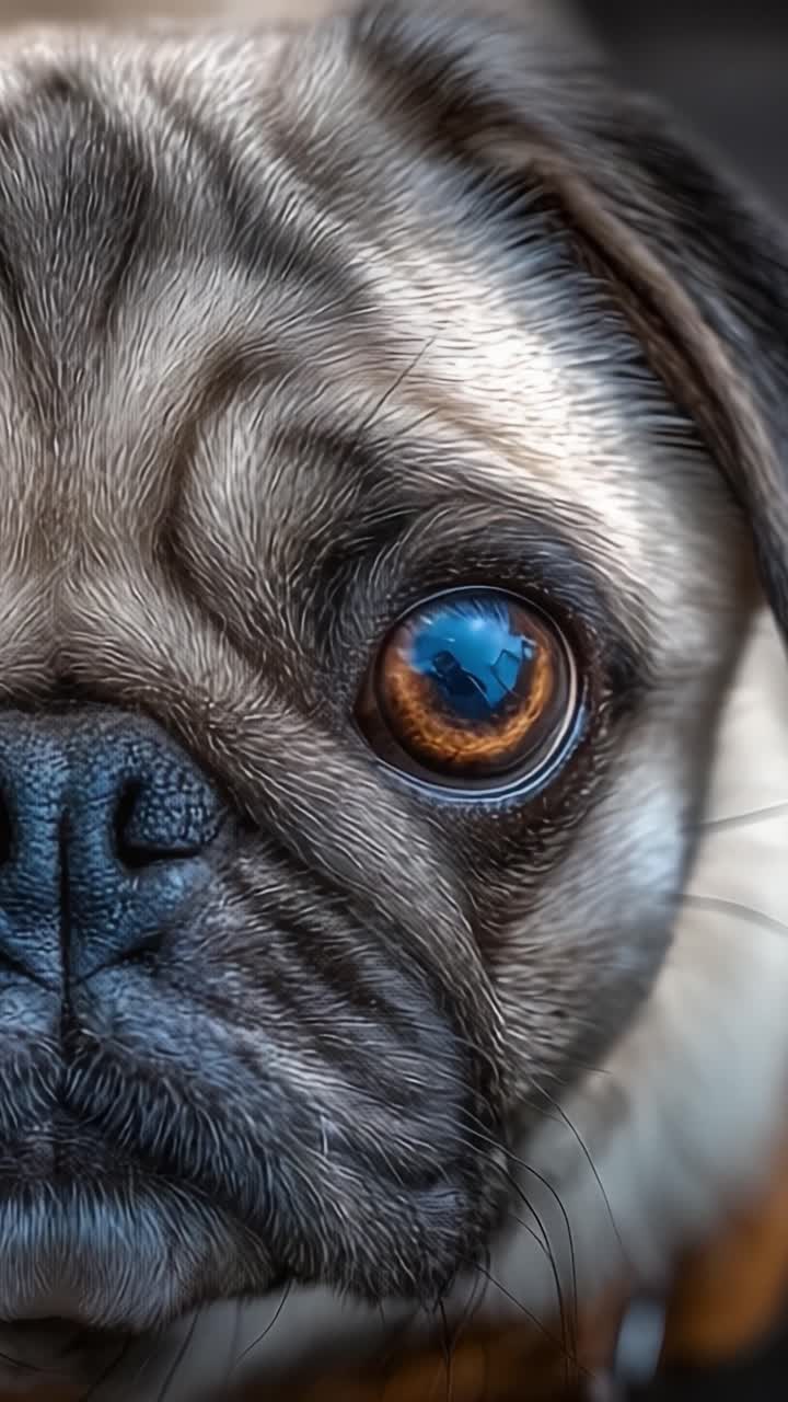 Close-up Cativante do Rosto de um Pug Enfatizando Olhos Expressivos e Características Distintivas, Exibindo as Características Únicas Desta Raça Amada