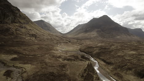 aerial view of glen coe valley and river in the highlands of scotland