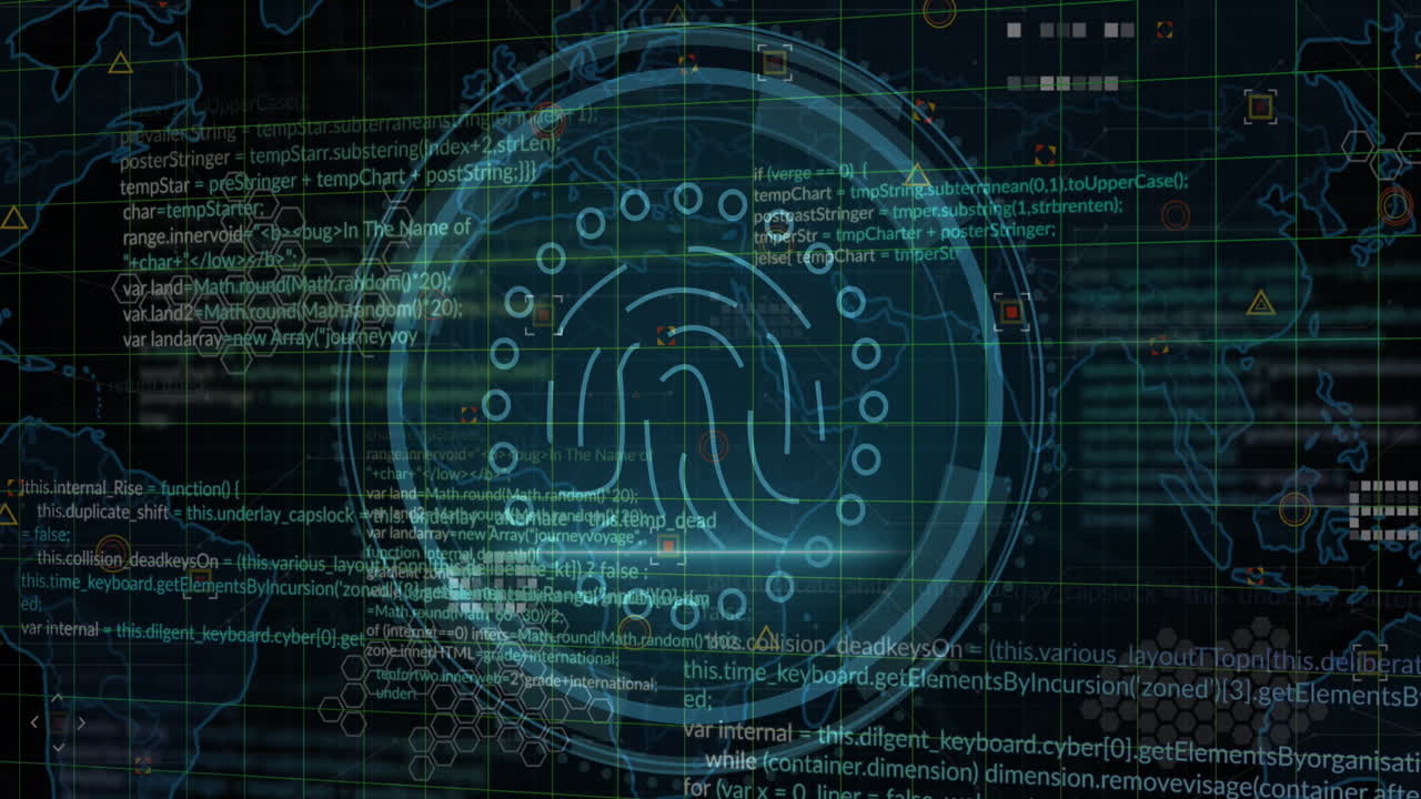 animación de iconos con mapa del mundo y procesamiento de datos en fondo negro